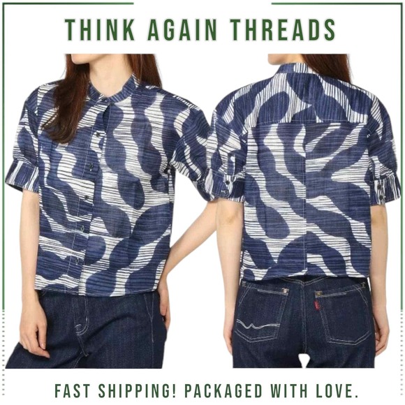 NWT Banana Republic Cotton Buttoned-Cuff Shirt Blue Print Size XS $70 Retail - Picture 1 of 11